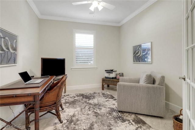 office area with crown molding and ceiling fan