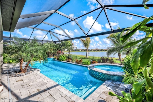 view of swimming pool with a water view, a pool with connected hot tub, a lanai, and a patio