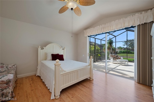 bedroom with ceiling fan, lofted ceiling, light wood-type flooring, and access to outside