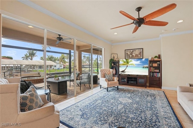 tiled living room featuring baseboards, ornamental molding, and recessed lighting