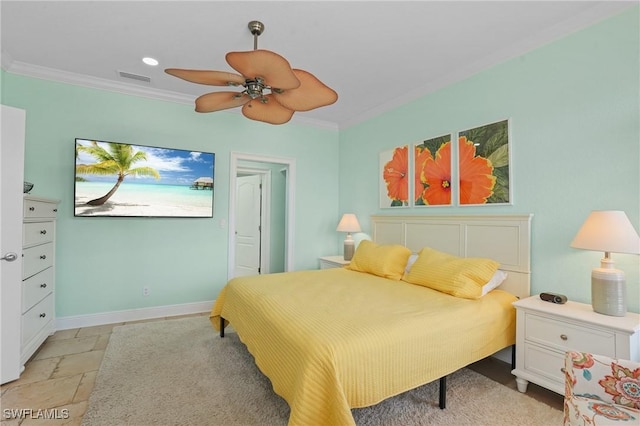 bedroom featuring visible vents, baseboards, ceiling fan, crown molding, and recessed lighting