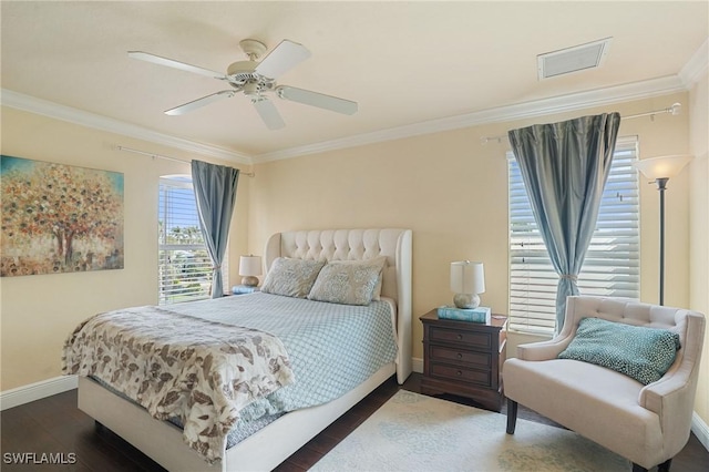 bedroom featuring ornamental molding, dark wood-type flooring, and visible vents