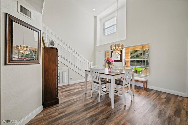 dining room with a healthy amount of sunlight, dark hardwood / wood-style floors, and an inviting chandelier