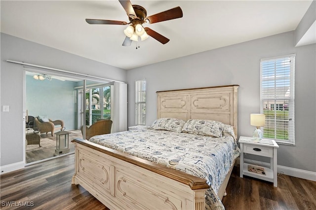 bedroom featuring multiple windows, access to outside, dark hardwood / wood-style floors, and ceiling fan