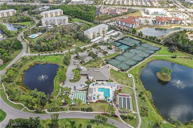 drone / aerial view featuring a water view