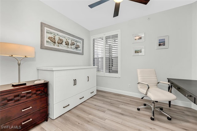 office space featuring light hardwood / wood-style floors and ceiling fan