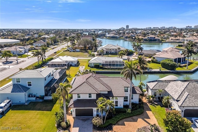 drone / aerial view featuring a water view