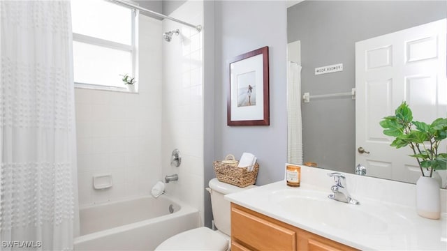 full bathroom with vanity, toilet, and shower / bath combo with shower curtain