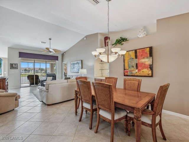 dining room featuring light tile patterned flooring, vaulted ceiling, visible vents, and baseboards