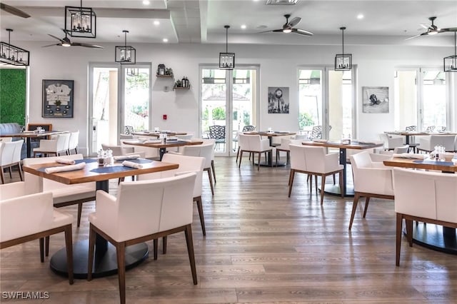 dining area featuring a ceiling fan, wood finished floors, and recessed lighting