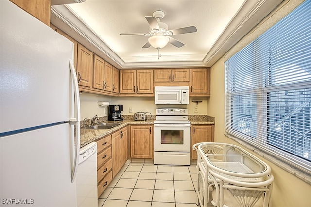 kitchen with light tile patterned flooring, sink, ceiling fan, crown molding, and white appliances