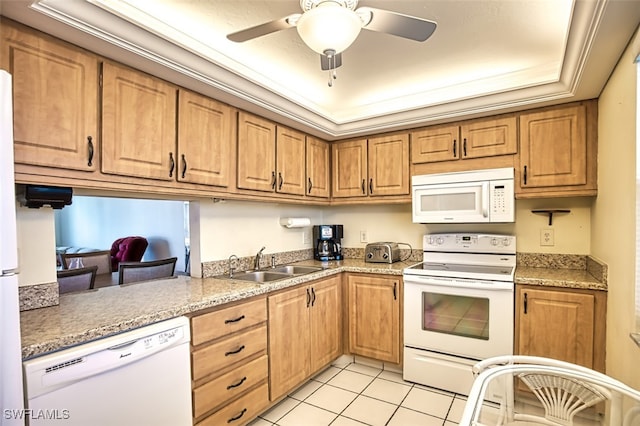 kitchen featuring light tile patterned flooring, sink, crown molding, ceiling fan, and white appliances