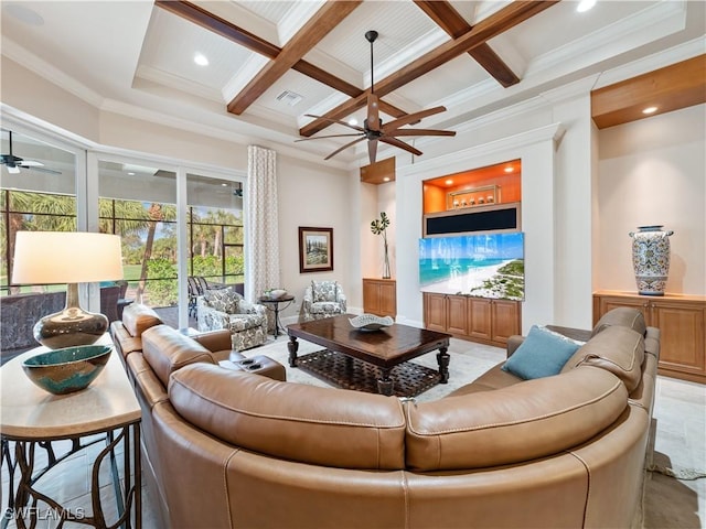 living room with crown molding, coffered ceiling, ceiling fan, and beam ceiling