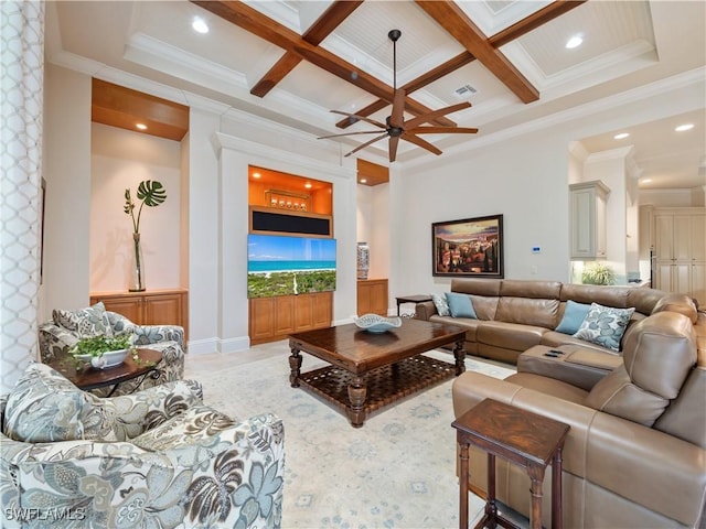 living room featuring coffered ceiling, crown molding, and beam ceiling