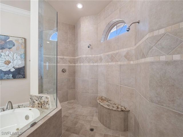 bathroom featuring independent shower and bath, ornamental molding, and tile patterned flooring