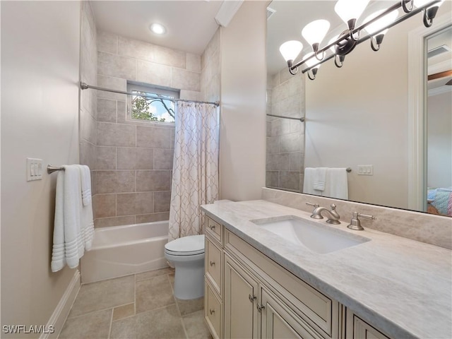 full bathroom with toilet, a chandelier, vanity, shower / bathtub combination with curtain, and tile patterned flooring