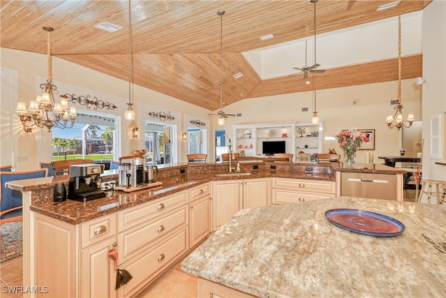 kitchen featuring hanging light fixtures, wooden ceiling, stainless steel dishwasher, an island with sink, and stone counters