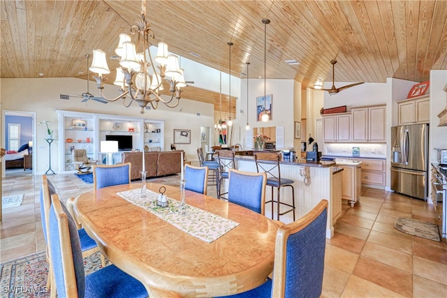 dining space with wood ceiling, ceiling fan with notable chandelier, high vaulted ceiling, and light tile patterned flooring