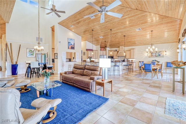 living room featuring high vaulted ceiling, ceiling fan with notable chandelier, wood ceiling, and light tile patterned floors