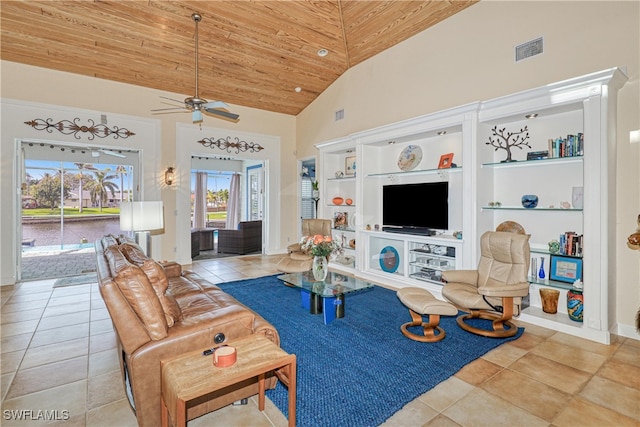 living room featuring wood ceiling, high vaulted ceiling, light tile patterned floors, built in features, and ceiling fan