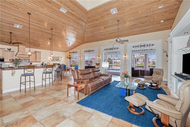 living room featuring ceiling fan, wooden ceiling, and high vaulted ceiling