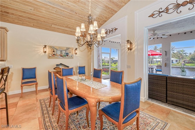 tiled dining room featuring wood ceiling, vaulted ceiling, and ceiling fan with notable chandelier