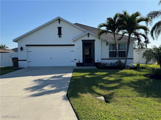 single story home with a front yard, driveway, an attached garage, and stucco siding