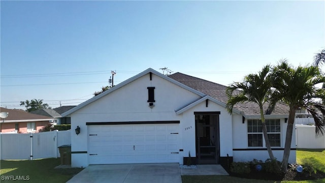 view of front facade with driveway, a front yard, fence, and stucco siding