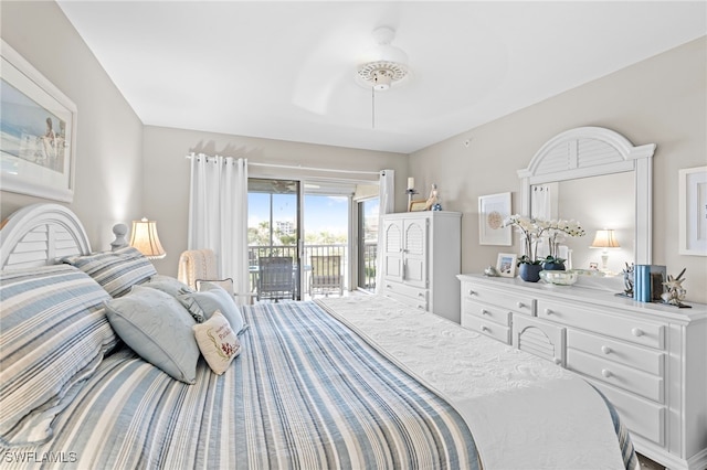 bedroom featuring ceiling fan and access to outside