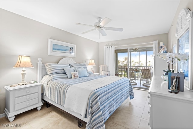 tiled bedroom with ceiling fan and access to exterior