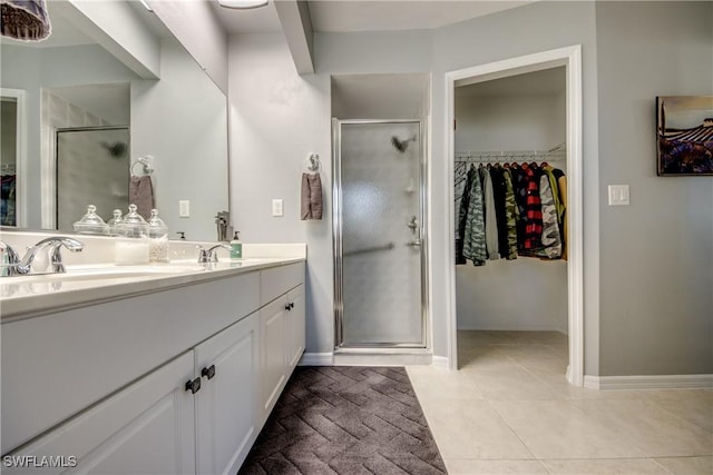 bathroom featuring tile patterned floors, an enclosed shower, and vanity