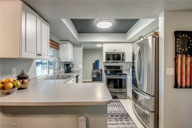 kitchen featuring white cabinetry, kitchen peninsula, sink, a raised ceiling, and appliances with stainless steel finishes