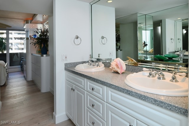 bathroom featuring vanity and hardwood / wood-style floors