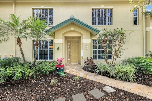 doorway to property with stucco siding