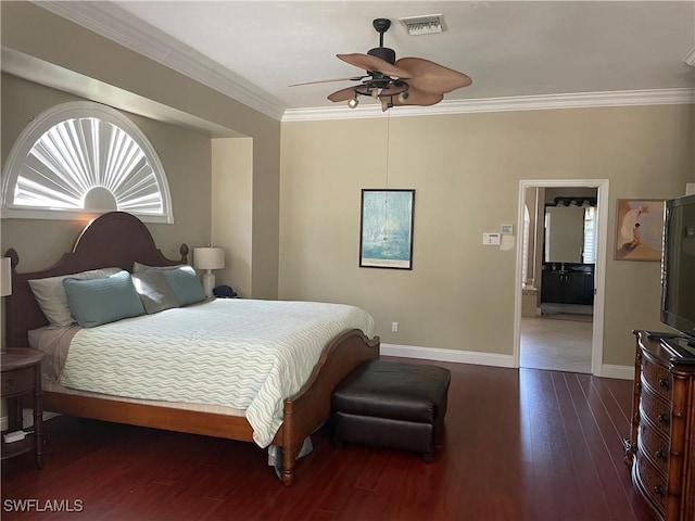 bedroom featuring ceiling fan, dark wood-type flooring, visible vents, baseboards, and crown molding