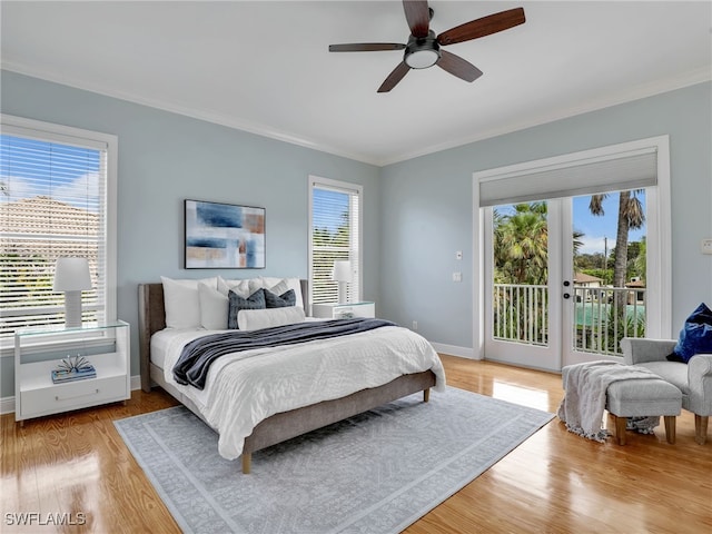 bedroom with a ceiling fan, baseboards, access to outside, ornamental molding, and light wood finished floors