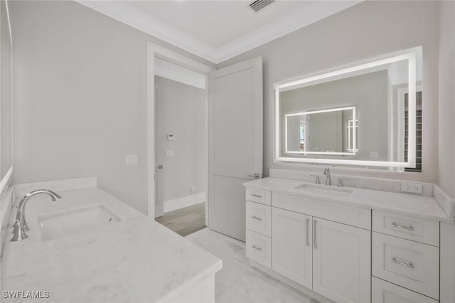 1308 Ridge St, Naples, FL 34103 - bathroom featuring visible vents, ornamental molding, a sink, and two vanities