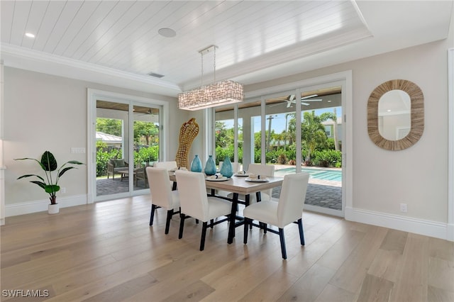 1308 Ridge St, Naples, FL 34103 - dining area featuring light wood-type flooring, ceiling fan, ornamental molding, and wooden ceiling
