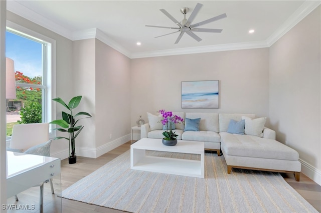 1308 Ridge St, Naples, FL 34103 - living area with light wood-style floors, ceiling fan, ornamental molding, and recessed lighting