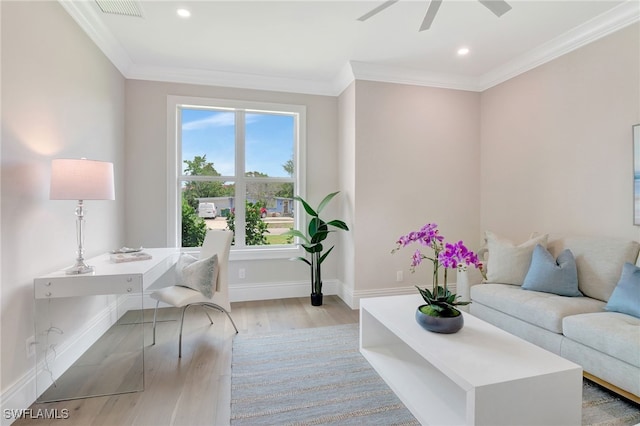 1308 Ridge St, Naples, FL 34103 - office space with wood finished floors, ceiling fan, recessed lighting, and crown molding