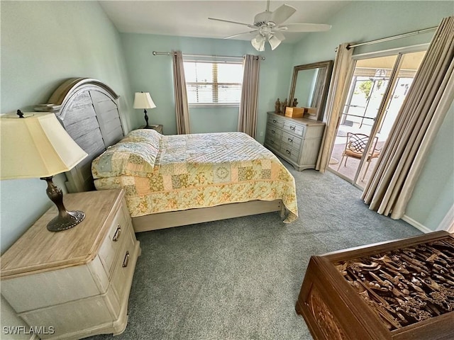 bedroom with access to exterior, ceiling fan, multiple windows, and light colored carpet