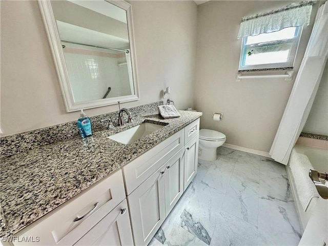 full bathroom with marble finish floor, vanity, toilet, and baseboards