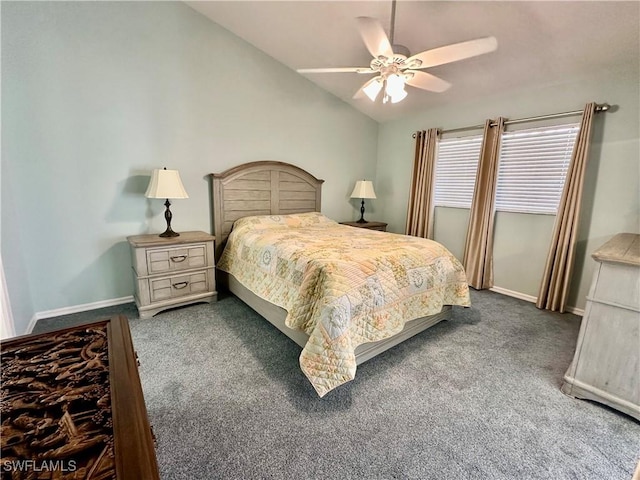 bedroom with carpet floors, baseboards, vaulted ceiling, and a ceiling fan