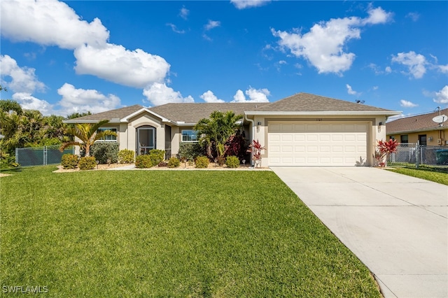 single story home with a garage and a front yard