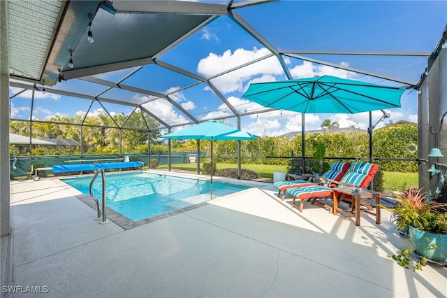 view of pool featuring a lanai and a patio area