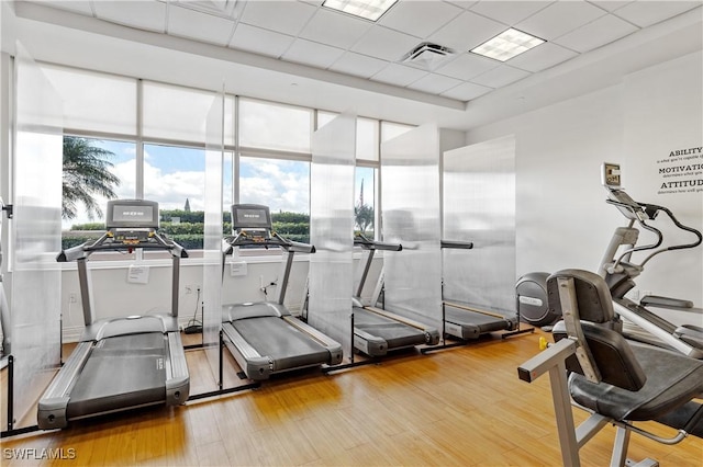 exercise room featuring light wood-style flooring, a drop ceiling, and visible vents