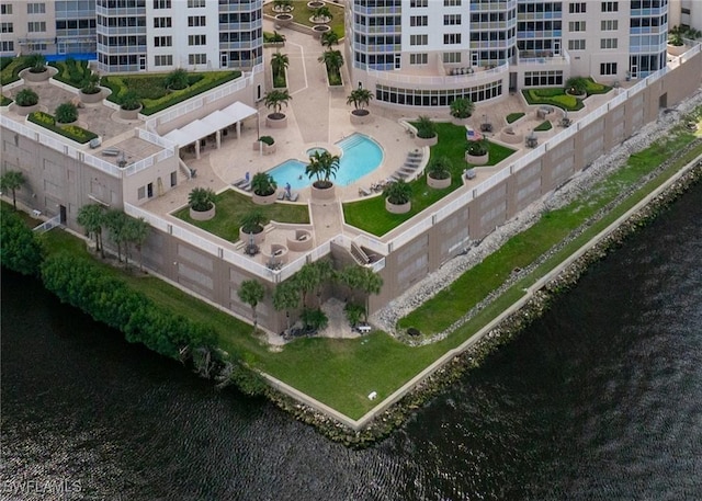 drone / aerial view featuring a water view