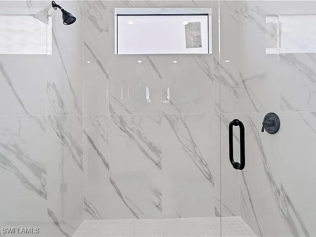 interior details featuring a shower with shower door