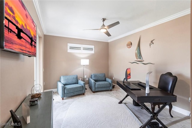 17122 Barcrest Ln, Punta Gorda, FL 33955 - office space with ornamental molding, a ceiling fan, and baseboards