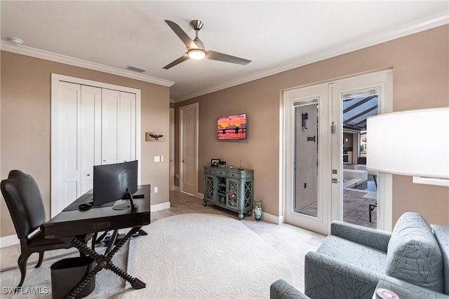 17122 Barcrest Ln, Punta Gorda, FL 33955 - office area featuring baseboards, visible vents, ornamental molding, and french doors